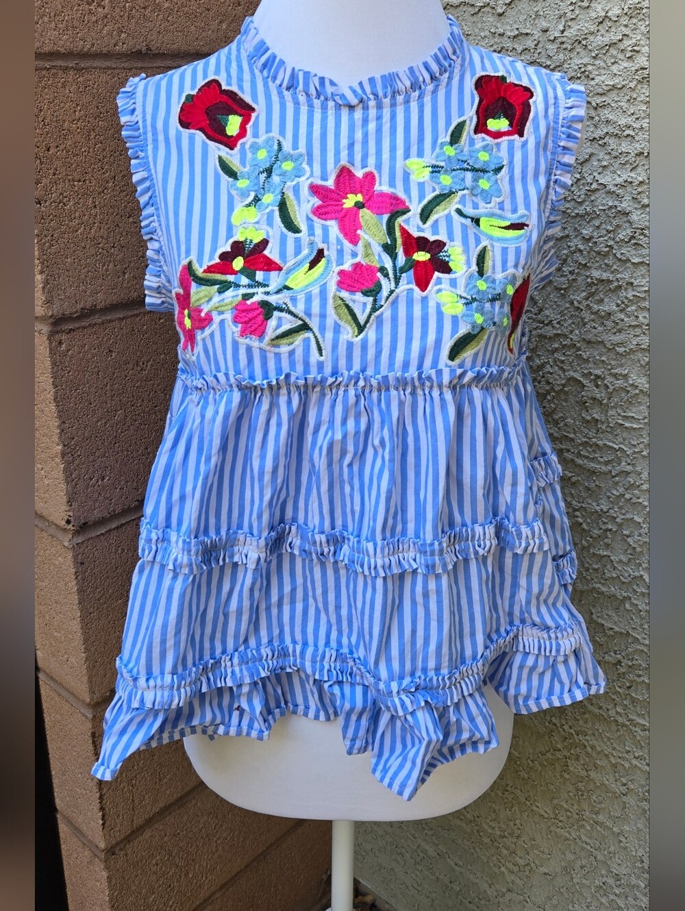 Casting La Blue & White Striped Floral Embroidered Ruffle Tank